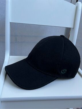 Black Gucci Wool Baseball Cap Interlocking G Stripe Back Green Stitch Size S